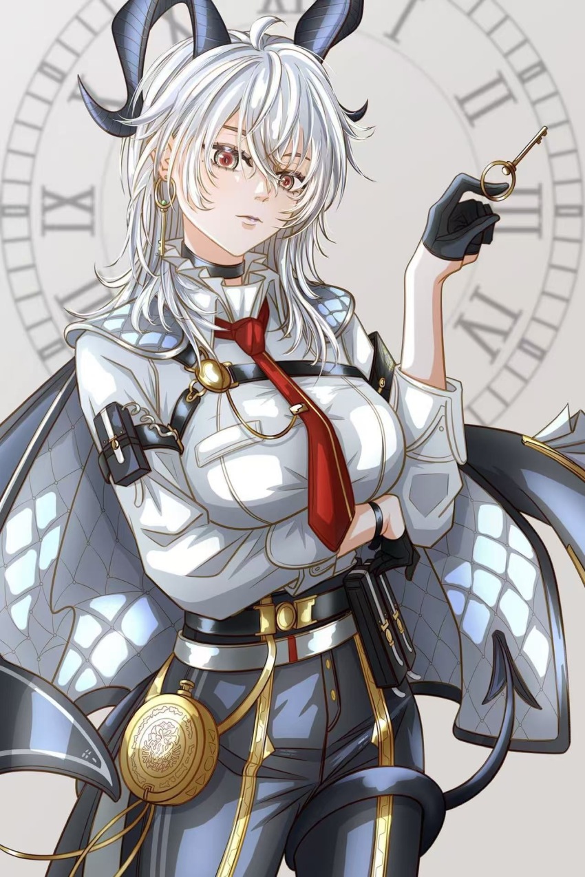 1girl ahoge arm_under_breasts arm_up belt belt_pouch black_choker black_gloves black_pants cape chest_harness chinese_commentary choker clock collar commentary cowboy_shot earrings frilled_collar frills gloves gold_trim grey_background grey_cape hair_between_eyes half_gloves harness heidianzashipu highres hip_flask holding holding_earrings holding_key horns jewelry key key_earrings long_hair looking_at_viewer necktie pants pouch red_eyes red_necktie roman_numeral shirt single_earring solo tail_around_own_leg three-quarter_sleeves tie_clip white_hair white_shirt wuthering_waves zani_(wuthering_waves)