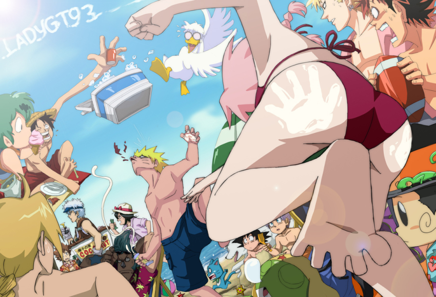 00s 2girls 6+boys american_football_(object) artist_name ass ball barefoot beach beach_chair bikini black_hair bleach blonde_hair blood blue_male_swimwear blue_sky blue_swim_trunks cloud cooler crossover day dragon_ball dragonball_z edward_elric everyone eyeshield_21 fairy_tail feet food franky_(one_piece) fullmetal_alchemist gen_1_pokemon gintama glasses handprint happy_(fairy_tail) haruno_sakura hat hawaiian_shirt hiruma_youichi huge_ass ice ice_cream katekyo_hitman_reborn! keroro keroro_gunsou kobayakawa_sena kuchiki_rukia ladygt93 leon_(reborn) lotion maison_ikkoku male_swimwear monkey_d._luffy mousse_(duck)_(ranma_1/2) mousse_(ranma_1/2) multiple_boys multiple_girls naruto_(classic) naruto_(series) naruto_shippuuden nintendo ocean one_piece outdoors palm_tree_print pink_hair pokemon pokemon_(creature) print_male_swimwear print_swim_trunks print_swimsuit purple_hair ranma_1/2 reborn red_male_swimwear red_swim_trunks rugby_ball sakata_gintoki sand sawada_tsunayoshi shirt shounen_jump sky soles son_goten souichirou_(dog) spread_toes staryu sunscreen swim_trunks swimsuit ten_(urusei_yatsura) toes trunks_(dragon_ball) urusei_yatsura uzumaki_naruto water