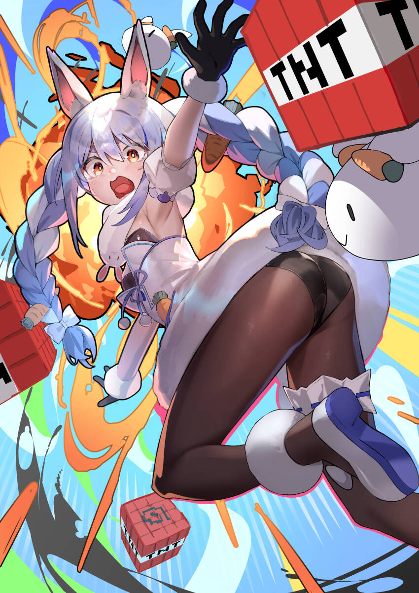 1girl absurdres animal_ear_fluff animal_ears ankle_garter armpits ass bare_shoulders black_gloves black_pantyhose blue_hair bow braid breasts carrot carrot_hair_ornament cleavage coat detached_sleeves don-chan_(usada_pekora) explosion explosive food-themed_hair_ornament frilled_thigh_strap fur-trimmed_gloves fur_trim gloves hair_between_eyes hair_bow hair_ornament highres hololive kouhiipan leotard long_braid long_hair looking_at_viewer minecraft multicolored_hair open_mouth orange_eyes pantyhose pekomon_(usada_pekora) playboy_bunny puffy_detached_sleeves puffy_sleeves rabbit_ears rabbit_girl ribbon scarf short_eyebrows sidelocks sleeveless small_breasts solo tearing_up thick_eyebrows thigh_strap tnt tnt_block_(minecraft) tongue twin_braids twintails two-tone_hair usada_pekora usada_pekora_(1st_costume) virtual_youtuber white_coat white_footwear white_fur white_hair