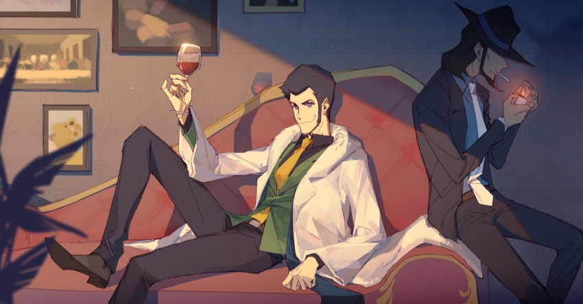 2boys arsene_lupin_iii asam beard belt black_hair black_jacket black_pants black_shirt blue_eyes blue_shirt brown_shoes cigarette coat collared_shirt couch cup drinking_glass facial_hair fedora green_jacket hat hat_over_eyes holding holding_cup jacket jigen_daisuke lighting_cigarette looking_to_the_side lupin_iii male_focus medium_hair multiple_boys necktie pants reclining shirt shoes short_hair sideburns sitting white_coat white_necktie wine_glass wing_collar yellow_necktie