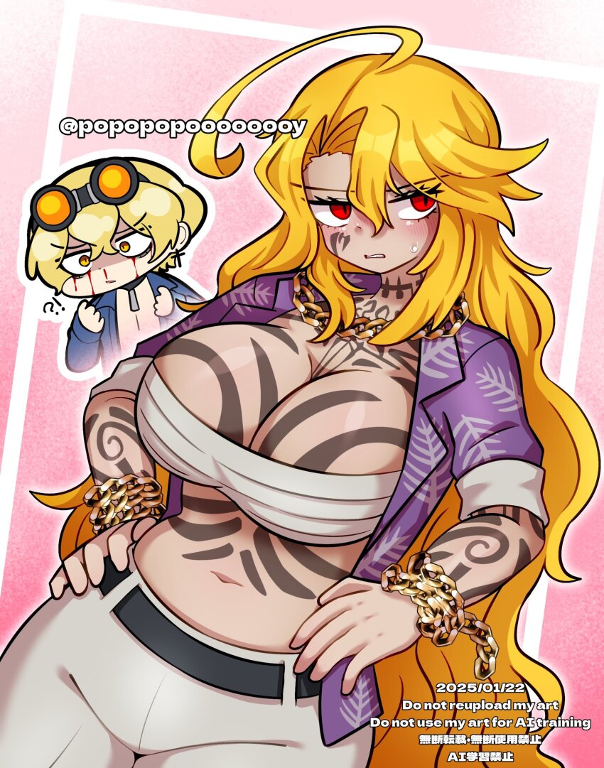 1boy 1girl belt blonde_hair breasts cleavage don_quixote_(project_moon) highres large_breasts limbus_company middle_(identity)_(project_moon) navel pants popopopoooooooy project_moon red_eyes sinclair_(project_moon) tattoo