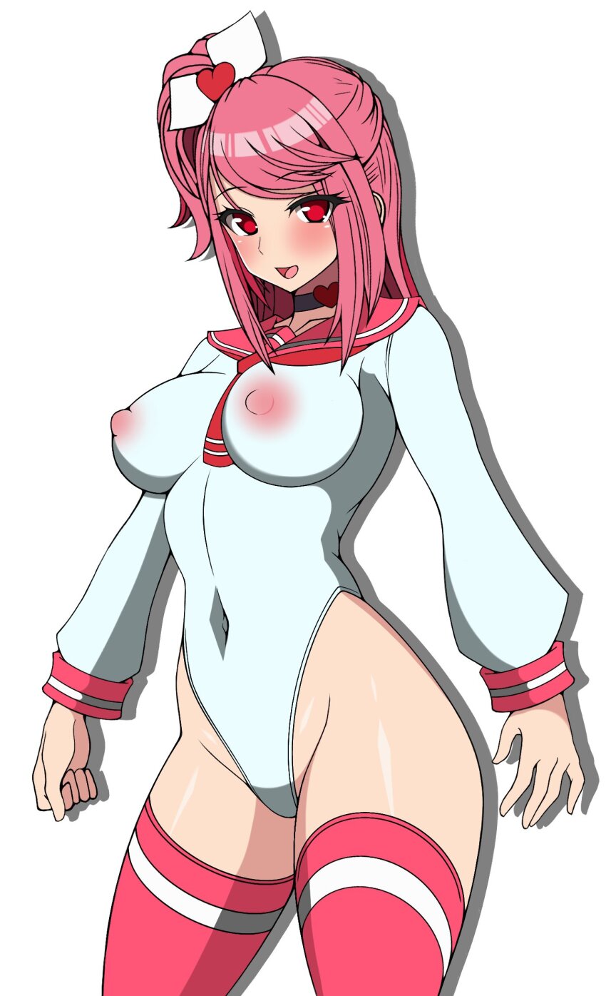 1girl blush breasts choker covered_erect_nipples covered_navel frozen_gingasan gunslinger_stratos hair_ornament heart highleg highleg_leotard highres impossible_clothes impossible_leotard katagiri_kyouka large_breasts leotard long_hair looking_at_viewer nipples one_side_up open_mouth pink_hair pink_thighhighs red_eyes sailor_collar school_uniform see-through_clothes side_ponytail simple_background smile solo thighhighs transparent_background white_background white_leotard
