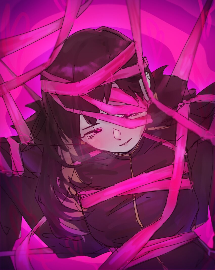 1girl absurdres binah_(project_moon) black_coat black_dress black_hair blonde_hair bound breasts coat colored_inner_hair dress e.g.o_(project_moon) fur-trimmed_coat fur_trim highres library_of_ruina long_hair looking_at_viewer mole mole_under_eye multicolored_hair pinedr0p pink_background pink_eyes pink_ribbon project_moon ribbon roseate_desire_(e.g.o) simple_background solo tied_up_(nonsexual) upper_body