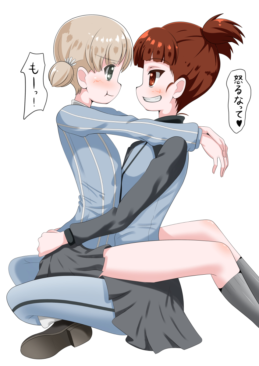 2girls absurdres aki_(girls_und_panzer) black_shoes blue_jacket blue_pants blue_sweater breasts closed_mouth collared_shirt girls_und_panzer grey_eyes grey_hair grey_skirt grey_socks hair_tie highres jacket keizoku_military_uniform keizoku_school_uniform mikko_(girls_und_panzer) multiple_girls open_mouth pants pants_under_skirt pout qtarou red_eyes red_hair school_uniform shirt shoes short_hair short_twintails skirt small_breasts smile socks sweater track_jacket track_pants translation_request twintails vertical-striped_sweater white_shirt yuri