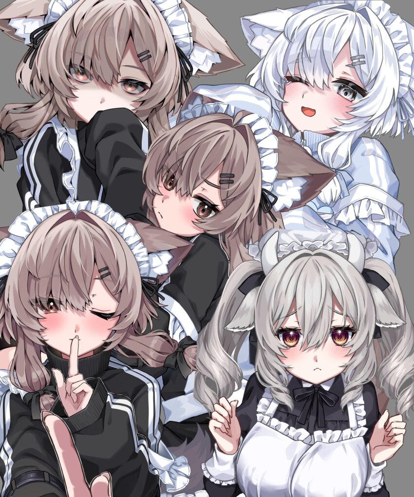 3girls 5girls :&lt; :d ;d ahoge animal_ear_fluff animal_ears apron black_bow black_dress black_jacket black_ribbon blue_jacket blush bow breasts brown_eyes brown_hair closed_mouth covering_own_mouth cow_ears cow_girl cow_horns dress drill_hair fang finger_to_mouth frilled_apron frills grey_background grey_eyes grey_hair hair_between_eyes hair_bow hair_intakes hair_ornament hair_ribbon hairclip hands_up highres horns index_finger_raised jacket large_breasts long_hair long_sleeves looking_at_viewer mafuyu_(vrchat) maid maid_apron maid_headdress medium_breasts milltina_(vrchat) multiple_girls multiple_views one_eye_closed open_mouth puffy_sleeves ribbon shushing simple_background sleeves_past_fingers sleeves_past_wrists smile striped_clothes striped_jacket track_jacket track_suit tsubakiya_setsuna twintails vrchat white_apron white_hair