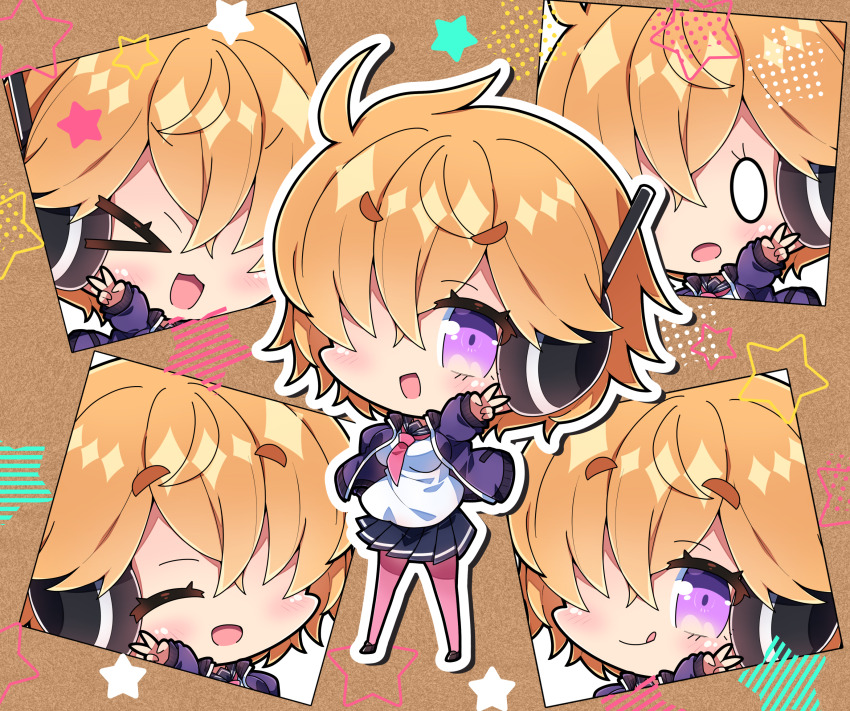 &gt;_&lt; 0_0 1girl :d :q black_sailor_collar black_shoes black_skirt blush closed_mouth commentary full_body highres jacket long_sleeves looking_at_viewer milkpanda multiple_views necktie one_piece open_clothes open_jacket open_mouth orange_hair outline outstretched_arm pantyhose pink_necktie pink_pantyhose pleated_skirt purple_eyes purple_jacket sailor_collar shirt shoes short_hair skirt smile standing star_(symbol) thick_eyebrows tongue tongue_out v vegapunk_lilith white_outline white_shirt xd
