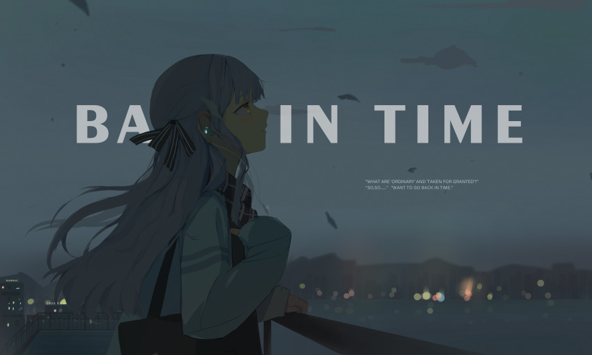 1girl absurdres bag bang_dream! bang_dream!_it&#039;s_mygo!!!!! blue_hair city cityscape earphones english_text gradient_background grey_sky hair_ribbon half-closed_eyes hannaz highres holding holding_bag long_hair ribbon scarf scenery shoulder_bag sky striped_ribbon togawa_sakiko twilight water yellow_eyes