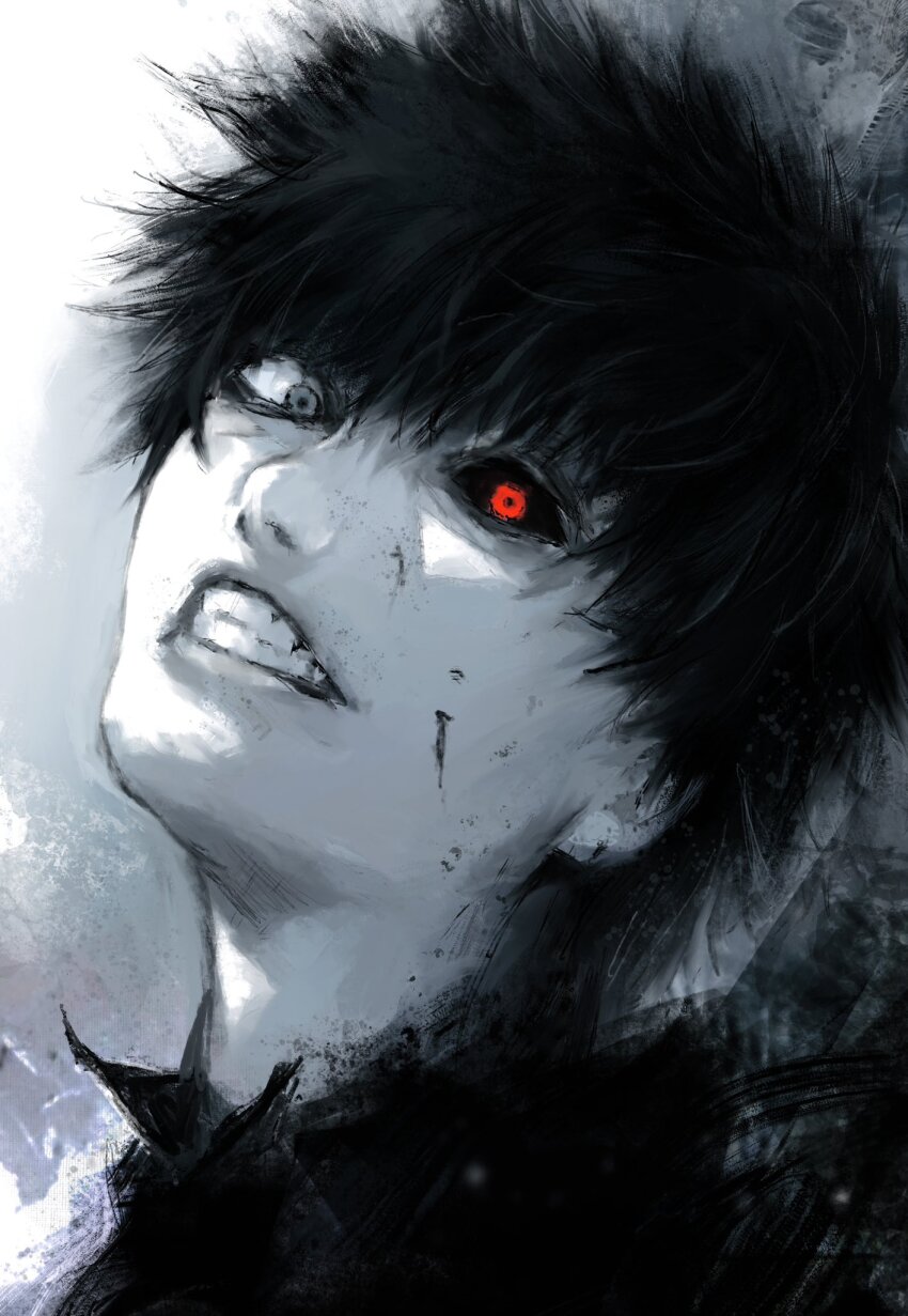 1boy black_background black_hair black_sclera black_shirt clenched_teeth colored_sclera eyeshadow gradient_background grey_eyes heterochromia highres kaneki_ken looking_at_viewer makeup original red_eyes shaded_face shadow shirt short_hair solo teeth tokyo_ghoul white_background xa8uofivf2mcart