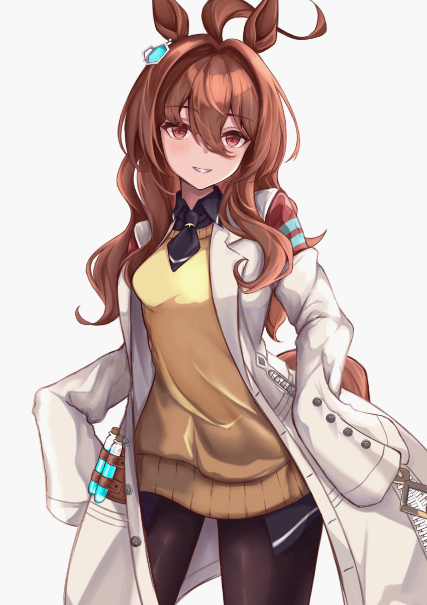 1girl agnes_tachyon_(umamusume) ahoge alternate_hairstyle animal_ears bandolier belt black_necktie black_pantyhose black_shirt blush chemical_structure coat collared_shirt commentary_request cork cowboy_shot earrings grin hair_between_eyes highres horse_ears horse_girl horse_tail jewelry lab_coat long_hair long_sleeves messy_hair necktie open_clothes open_coat pantyhose peperoncino-sama red_eyes shirt simple_background single_earring sleeves_past_fingers sleeves_past_wrists smile solo striped_background sweater_vest tail test_tube umamusume white_coat yellow_sweater_vest