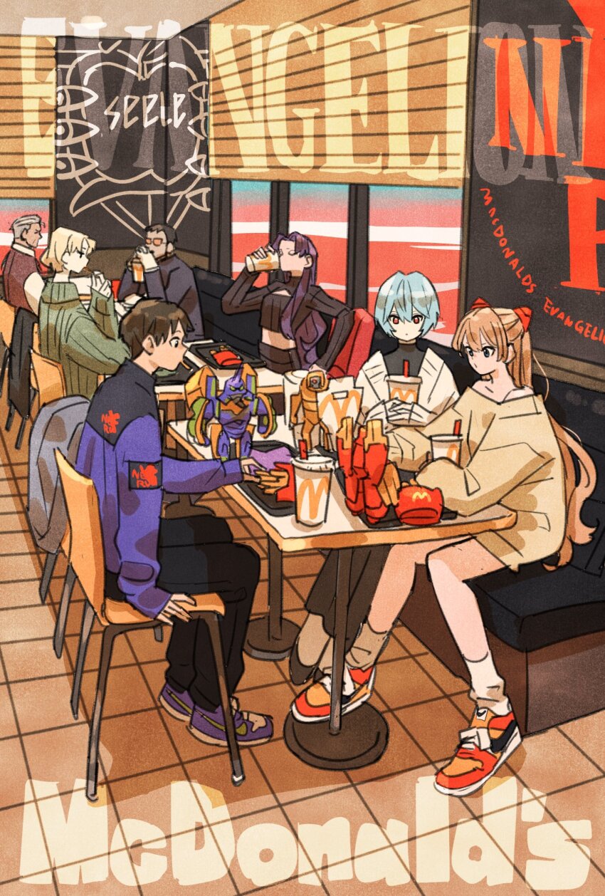 3boys 4girls akagi_ritsuko ayanami_rei blonde_hair blue_hair can commentary_request copyright_name drinking eva_00 eva_01 eva_02 father_and_son fuyutsuki_kouzou glasses green_sweater hair_slicked_back highres holding holding_can ikari_gendou ikari_shinji interface_headset_(evangelion) katsuragi_misato long_hair mcdonald&#039;s multiple_boys multiple_girls neon_genesis_evangelion nike_(company) orange_hair purple_hair red_eyes shoes short_hair sitting sneakers socks souryuu_asuka_langley striped_clothes sweater takeuchi_ryousuke toy turtleneck turtleneck_sweater vertical-striped_clothes