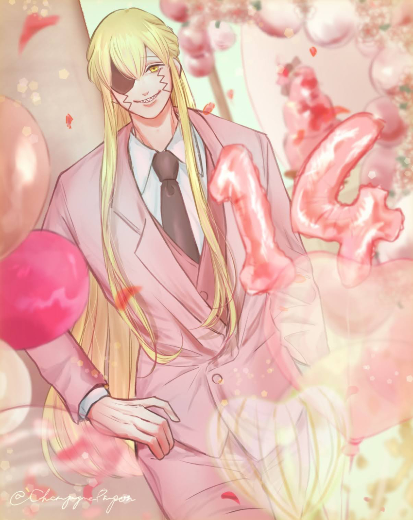 1boy balloon black_necktie blonde_hair blurry blurry_background eyepatch formal_clothes hand_on_own_hip highres levi_rosequartz long_hair long_sleeves male_focus mashle necktie pink_suit sharp_teeth smile sotosaki/nawo standing suit teeth very_long_hair yellow_eyes