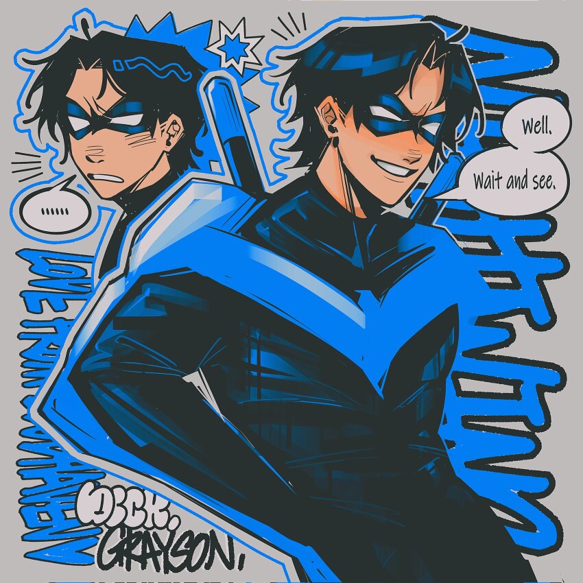 1boy batman_(series) black_bodysuit black_hair blue_bodysuit bodysuit character_name dc_comics dick_grayson english_text eye_mask highres huangyongshi07 male_focus nightwing solo solo_focus superhero_costume two-tone_bodysuit