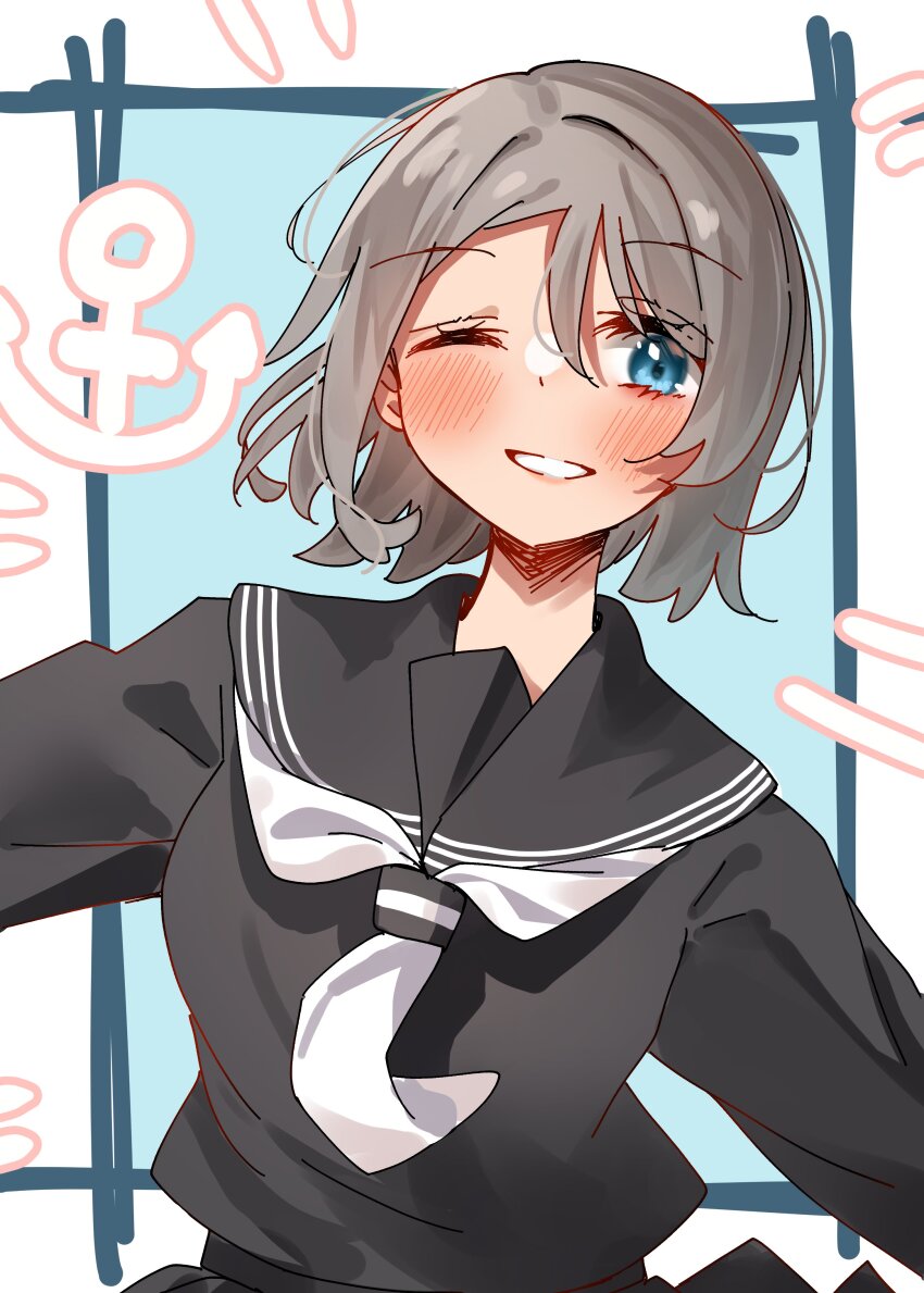 1girl absurdres blue_eyes blush brown_hair grey_hair highres love_live! love_live!_sunshine!! necktie sailor_collar school_uniform serafuku short_hair simple_background smile solo uranohoshi_school_uniform watanabe_you