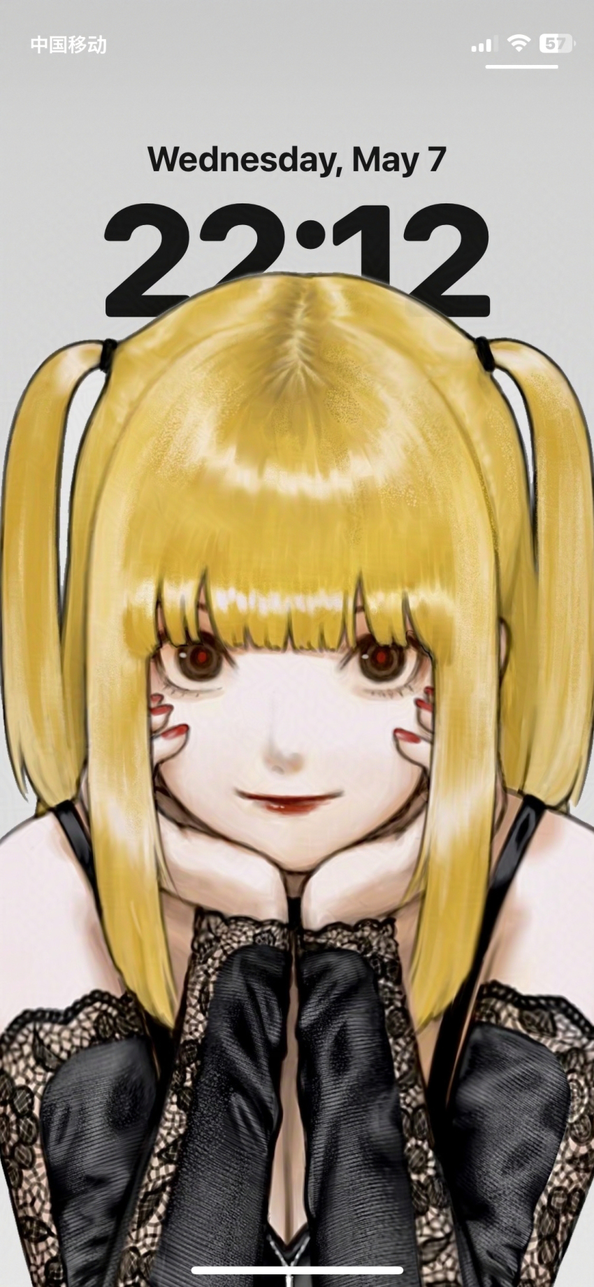 1girl absurdres amane_misa bare_shoulders black_shirt black_sleeves blunt_bangs breasts brown_eyes cleavage death_note detached_sleeves fake_phone_screenshot fake_screenshot grey_background hair_tie half_updo hands_on_own_cheeks hands_on_own_face highres light_smile looking_at_viewer medium_breasts medium_hair nail_polish nizuma red_lips red_nails red_pupils shinigami_eyes_(death_note) shirt sidelocks solo spaghetti_strap twintails upper_body
