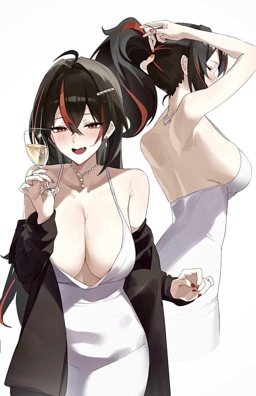 1girl alternate_hairstyle arms_up backless_dress backless_outfit bare_back black_coat black_hair blush breasts champagne_flute coat commentary cup dress drinking_glass drunk hair_between_eyes highres holding holding_cup jewelry large_breasts long_hair multicolored_hair multiple_views naig_(naiji) nail_polish necklace off_shoulder open_mouth pearl_necklace red_eyes red_hair red_nails simple_background spaghetti_strap streaked_hair tying_hair white_background white_dress zenless_zone_zero zhu_yuan