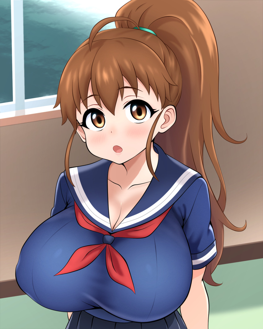 1girl ahoge amurabito1 ascot black_skirt blue_shirt blush breasts brown_eyes brown_hair cleavage collarbone hair_between_eyes hair_tie highres huge_breasts long_hair open_mouth red_ascot school_uniform shirt short_sleeves skirt taneshima_popura working!!