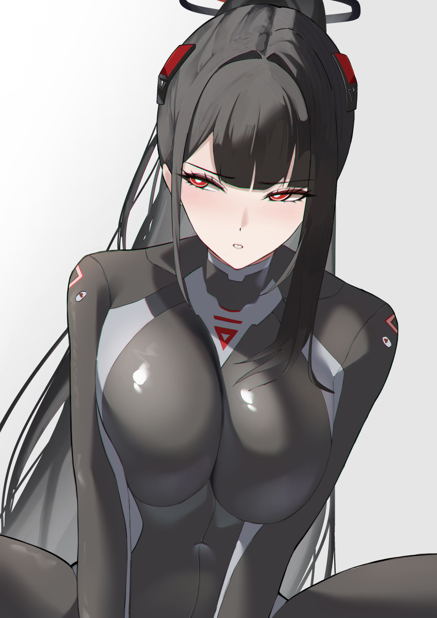 1girl :o absurdres black_bodysuit black_hair blue_archive blush bodysuit breasts bright_pupils commentary_request covered_navel halo headgear highres katagiri_nanoka large_breasts long_hair official_alternate_costume partial_commentary ponytail red_eyes ringed_eyes rio_(blue_archive) rio_(bodysuit)_(blue_archive) sideways_glance simple_background solo spread_legs very_long_hair white_background white_pupils