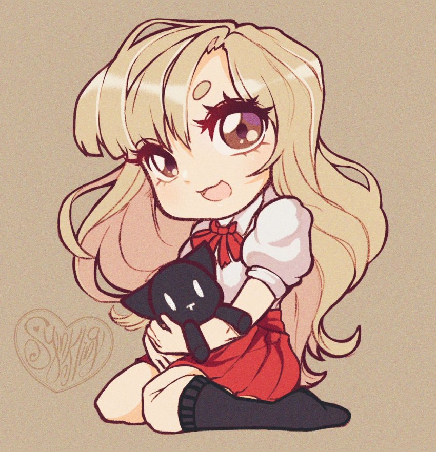 1girl brown_eyes chibi eyelashes female_focus full_body grey_hair hair_between_eyes highres holding holding_stuffed_toy kneeling long_hair looking_at_viewer matsunae_tsugumi nyantan open_mouth red_skirt school_uniform shin_subarashiki_kono_sekai shirt shirt_tucked_in skirt smile solo stuffed_animal stuffed_cat stuffed_toy subarashiki_kono_sekai white_shirt