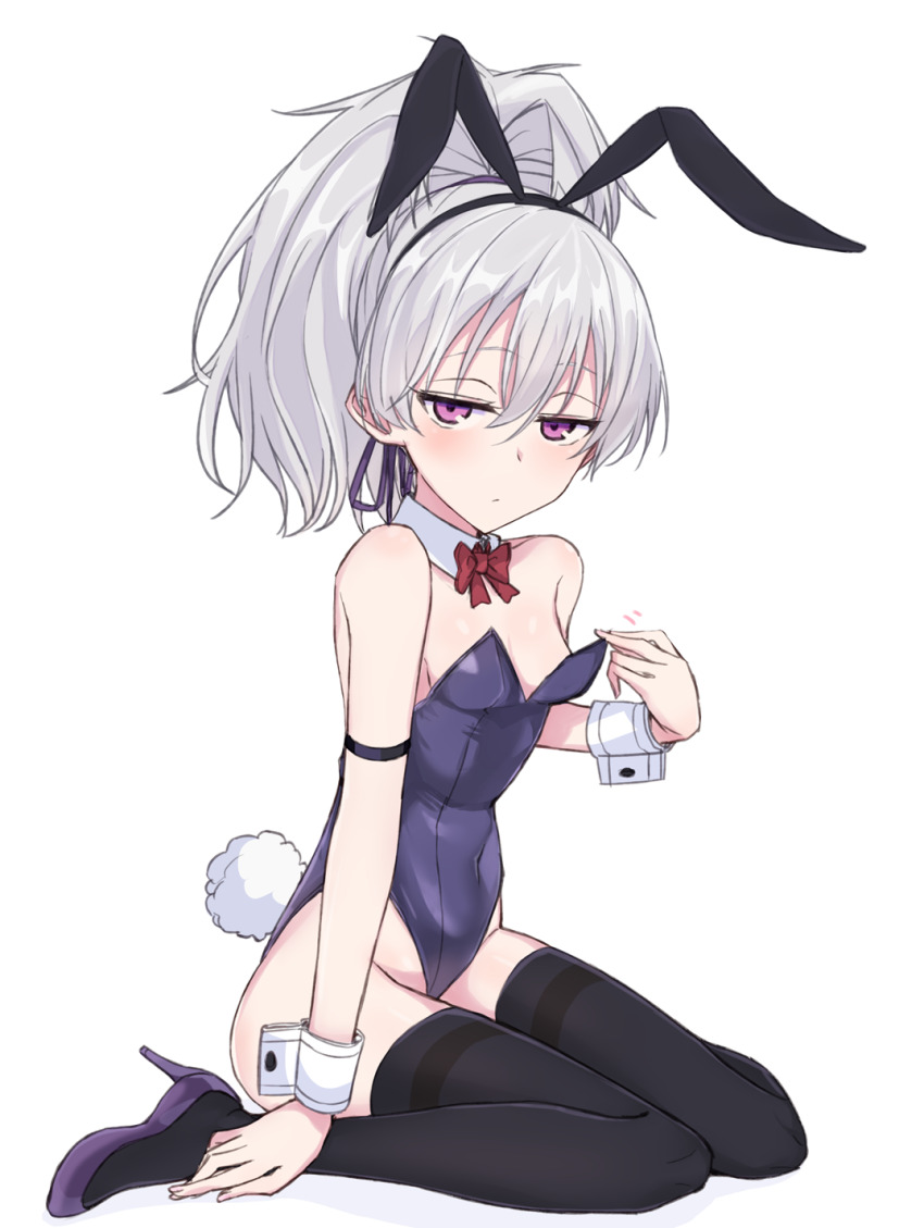 1girl animal_ears black_thighhighs blush breasts commentary_request darker_than_black expressionless fake_animal_ears fake_tail full_body grey_hair high_heels highres jitome leotard long_hair looking_at_viewer nonono_mino playboy_bunny ponytail purple_eyes rabbit_ears rabbit_tail simple_background sitting small_breasts solo tail thighhighs wariza white_background yin_(darker_than_black)