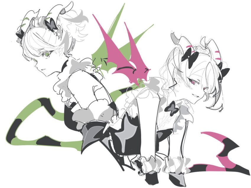 2girls arianna_the_labrynth_servant arianne_the_labrynth_servant butler demon_girl demon_tail demon_wings duel_monster female_butler frills green_wings grey_eyes horns looking_at_viewer maid maid_headdress multiple_girls pink_wings pointy_ears siblings striped_tail tail toba_(toba_game) twins twintails two-tone_tail wings yu-gi-oh!