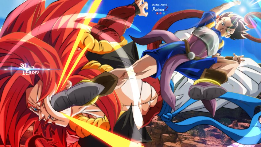 2boys abs absurdres anzgiancarlo artist_name battle belt black_hair black_vest blood blue_eyes blue_sash blue_shirt blue_shorts blue_sky brown_socks cabba closed_mouth combo commentary curtained_hair dragon_ball dragon_ball:_sparking! dragon_ball_gt dragon_ball_super english_commentary english_text flying gogeta highres in-franchise_crossover instagram_logo kicking light_rays long_hair male_focus metamoran_vest monkey_tail multiple_boys muscular muscular_male nose one_eye_closed open_mouth outdoors pants pectorals purple_footwear red_hair red_tail saiyan_armor sash shirt short_sleeves shorts sky smile socks spiked_hair super_saiyan super_saiyan_4 tail teeth tongue twitter_logo twitter_username two-tone_vest v-shaped_eyebrows vest white_pants youtube_logo