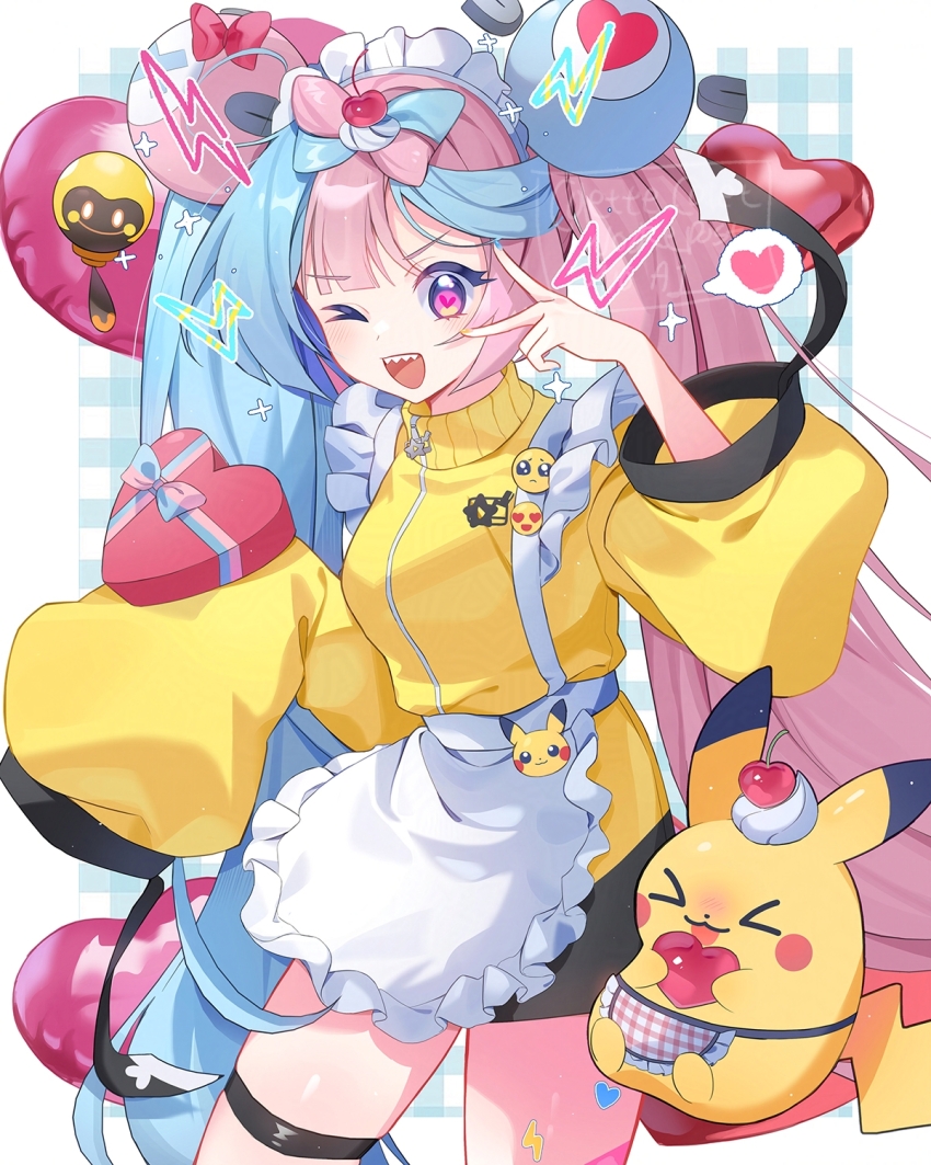 alternate_costume coletta_(colet_colettia) gen_1_pokemon heart heart-shaped_pupils highres iono_(pokemon) long_hair low-tied_long_hair multicolored_hair nintendo one_eye_closed pikachu pikachu_(assorted_chocolates_2024) pokemon pokemon_sv sleeves_past_wrists split-color_hair symbol-shaped_pupils tadbulb teeth two-tone_hair