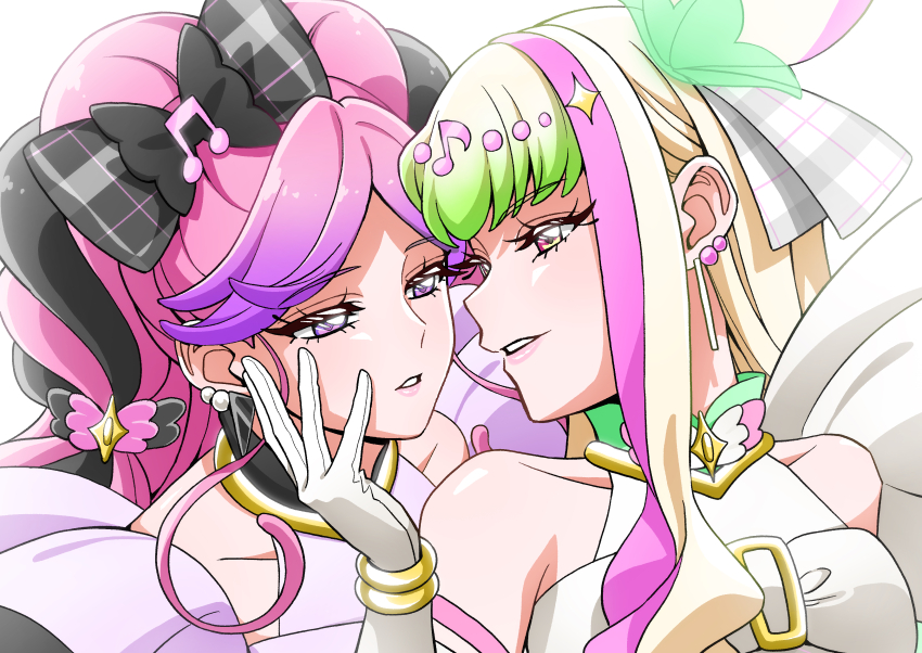 2girls absurdres bare_shoulders blonde_hair blunt_bangs blush braid center-flap_bangs cure_kiss cure_zukyuun dress earrings eyelashes fortissimo frilled_dress frilled_sleeves frills genmai_ocha gingham_bow gloves gradient_hair hair_extensions hair_ornament hair_ribbon hair_wings hands_on_another&#039;s_cheeks hands_on_another&#039;s_face highres imminent_kiss jewelry kimi_to_idol_precure looking_at_another looking_up multicolored_hair multiple_earrings multiple_girls musical_note musical_note_hair_ornament open_mouth parted_bangs pink_hair precure purple_eyes red_eyes ribbon twin_braids twintails upper_body white_gloves wing_hair_ornament wrist_cuffs yuri