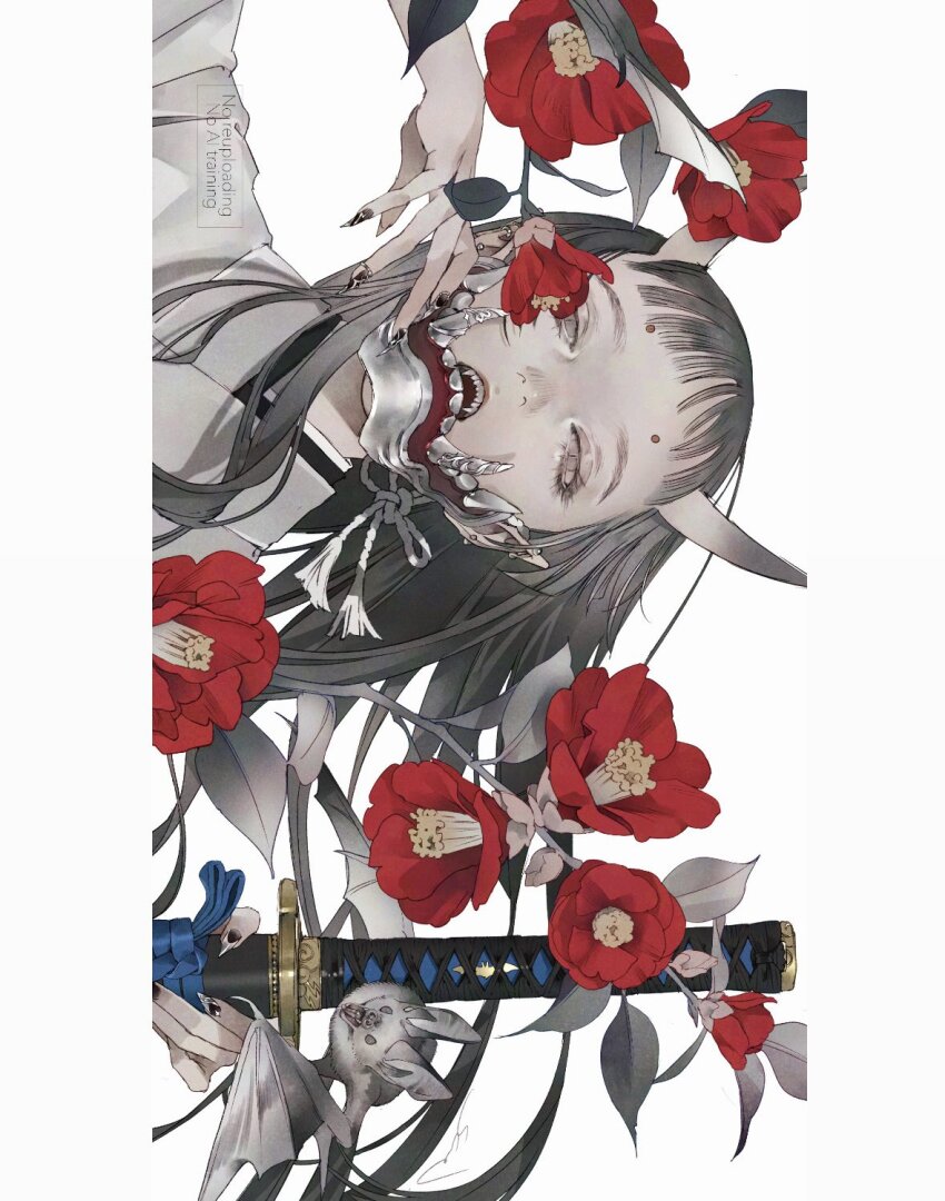 1girl bat_(animal) black_hair flower highres holding holding_knife horns knife open_mouth original red_flower simple_background solo white_background yue_(memento1113)