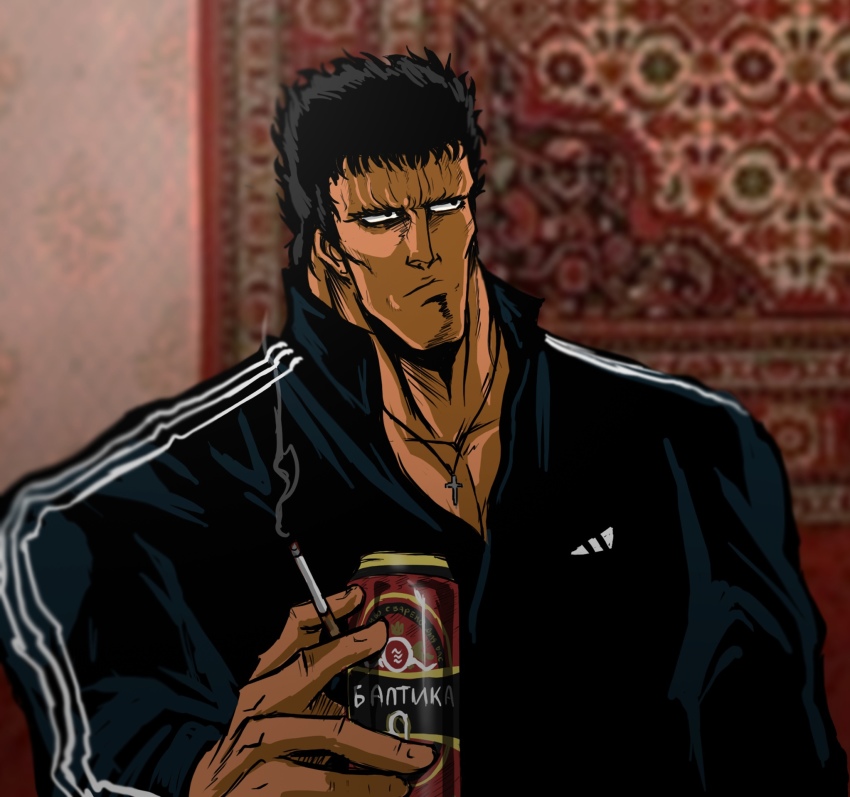 adidas alcohol beer carpet cigarette gopnik highres hokuto_no_ken raoh_(hokuto_no_ken) russian_text