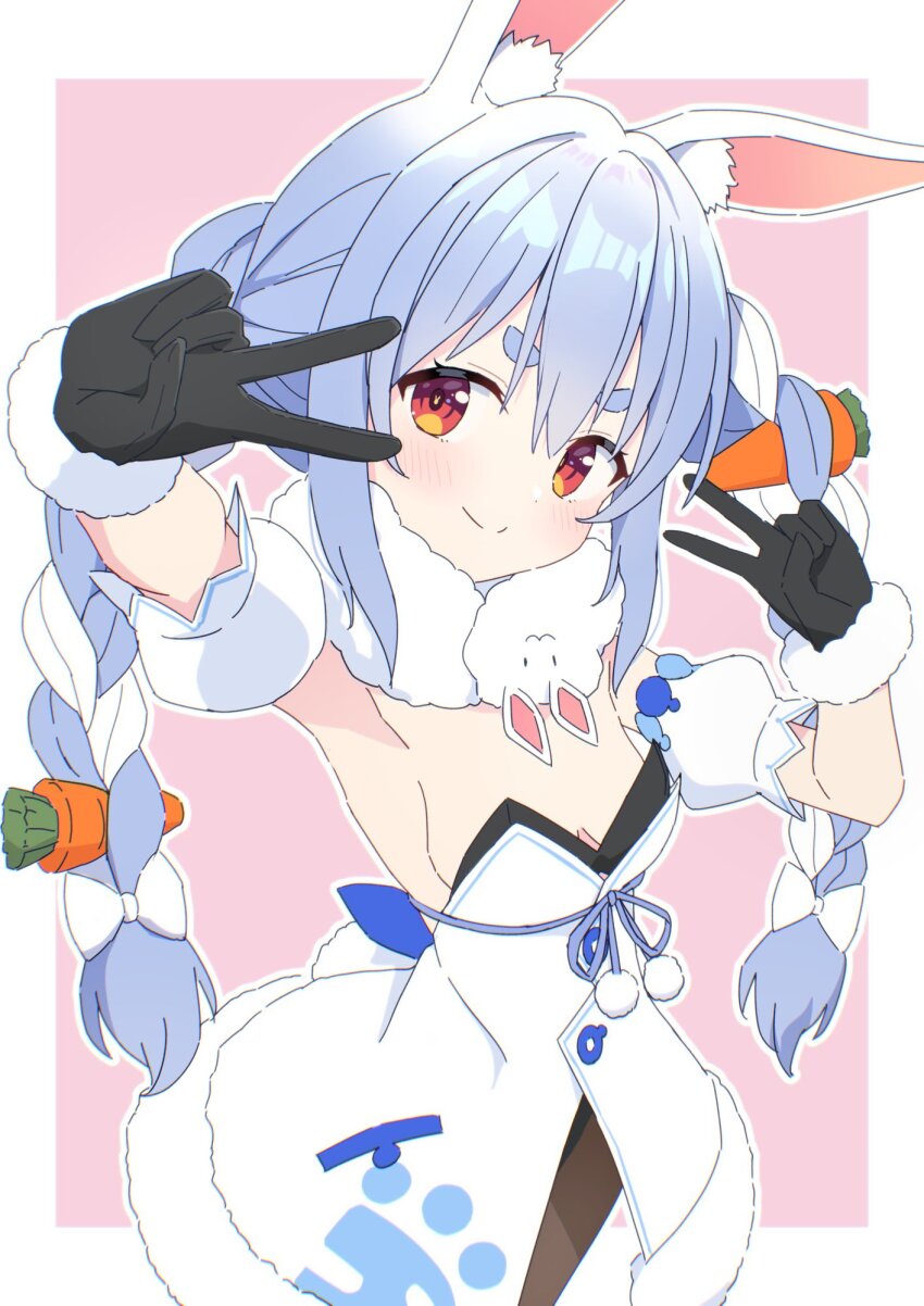 &gt;:) 1girl animal_ear_fluff animal_ears black_gloves black_leotard blue_hair blush border bow braid breasts brown_pantyhose carrot_hair_ornament closed_mouth double_v dress food-themed_hair_ornament fur-trimmed_dress fur-trimmed_gloves fur_trim gloves hair_between_eyes hair_bow hair_ornament highres hololive kaie leotard long_hair multicolored_hair outline pantyhose pink_background rabbit_ears rabbit_girl rabbit_tail red_eyes short_eyebrows small_breasts smile solo strapless strapless_dress strapless_leotard tail thick_eyebrows twin_braids twintails two-tone_hair usada_pekora usada_pekora_(1st_costume) v v-shaped_eyebrows very_long_hair virtual_youtuber white_border white_bow white_dress white_hair white_outline