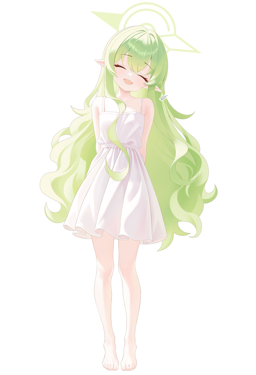 1girl absurdres arms_behind_back bare_shoulders barefoot blue_archive closed_eyes dress facing_viewer flat_chest full_body green_hair green_halo halo head_tilt highres hikari_(blue_archive) kuma_mudi long_hair long_pointy_ears long_sidelocks open_mouth pointy_ears sidelocks simple_background sleeveless sleeveless_dress smile solo standing sundress very_long_hair white_background white_dress