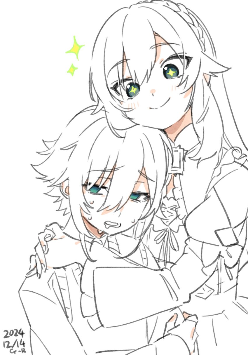 2boys arms_around_neck collared_shirt cr-r crossdressing dual_persona frilled_sleeves frills gloom_(expression) hair_between_eyes hair_flaps half-closed_eyes highres hug long_hair long_sleeves looking_at_another looking_down looking_to_the_side male_focus multiple_boys nijisanji official_alternate_costume open_mouth shirt short_hair simple_background sketch smile sparkle sparkling_eyes spot_color star_(symbol) sweat sweater_vest symbol-shaped_pupils trap uzuki_kou uzuki_kou_(3rd_costume) uzuki_kou_(4th_costume) virtual_youtuber white_background