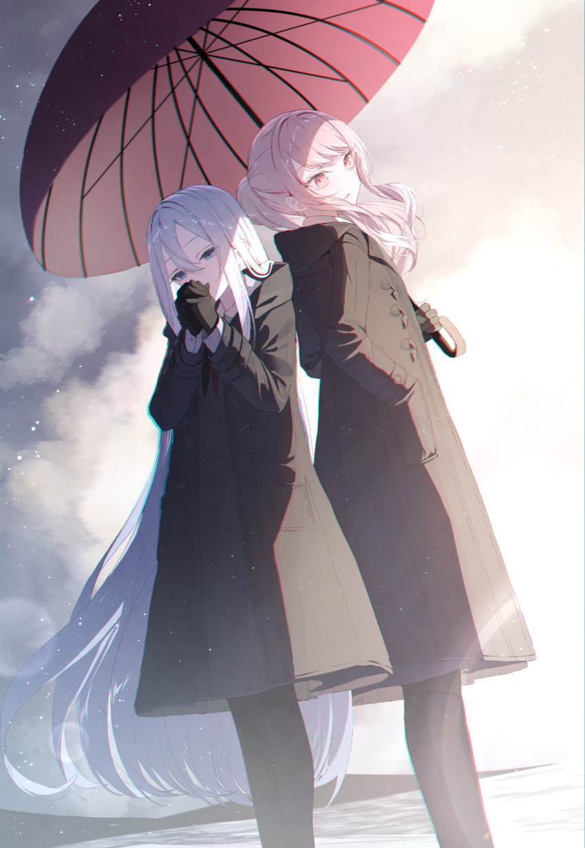 1girl 1other 25-ji_nightcord_de._(project_sekai) absurdres akiyama_mizuki androgynous black_coat black_gloves blue_eyes blue_hair cloud coat deichuu_ni_saku_(vocaloid) dutch_angle feet_out_of_frame gloves hair_between_eyes hand_in_pocket highres holding holding_umbrella hood hood_down hooded_coat howless light_particles long_hair long_sleeves looking_at_viewer neckerchief outdoors pants parted_lips pink_eyes pink_hair project_sekai red_neckerchief red_umbrella sidelocks sky smile standing swept_bangs umbrella very_long_hair yoisaki_kanade