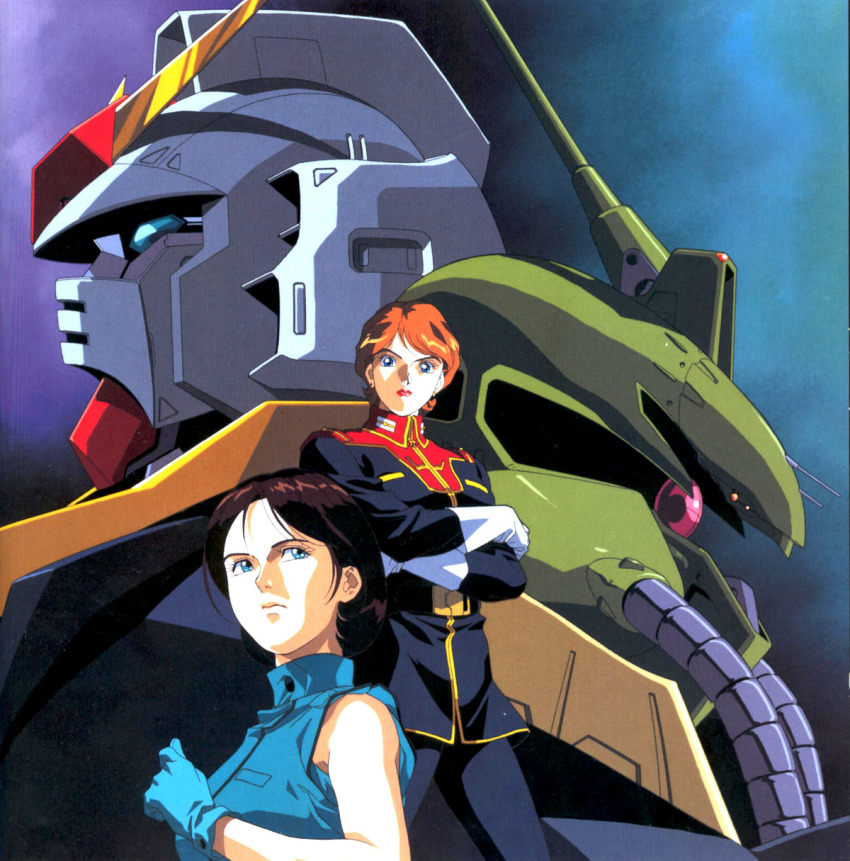 2girls blue_gloves brown_hair crossed_arms emma_sheen gloves gundam gundam_mk_ii highres kitazume_hiroyuki mecha military military_uniform multiple_girls official_art palace_athene reccoa_londe robot short_hair sleeveless white_gloves zeta_gundam