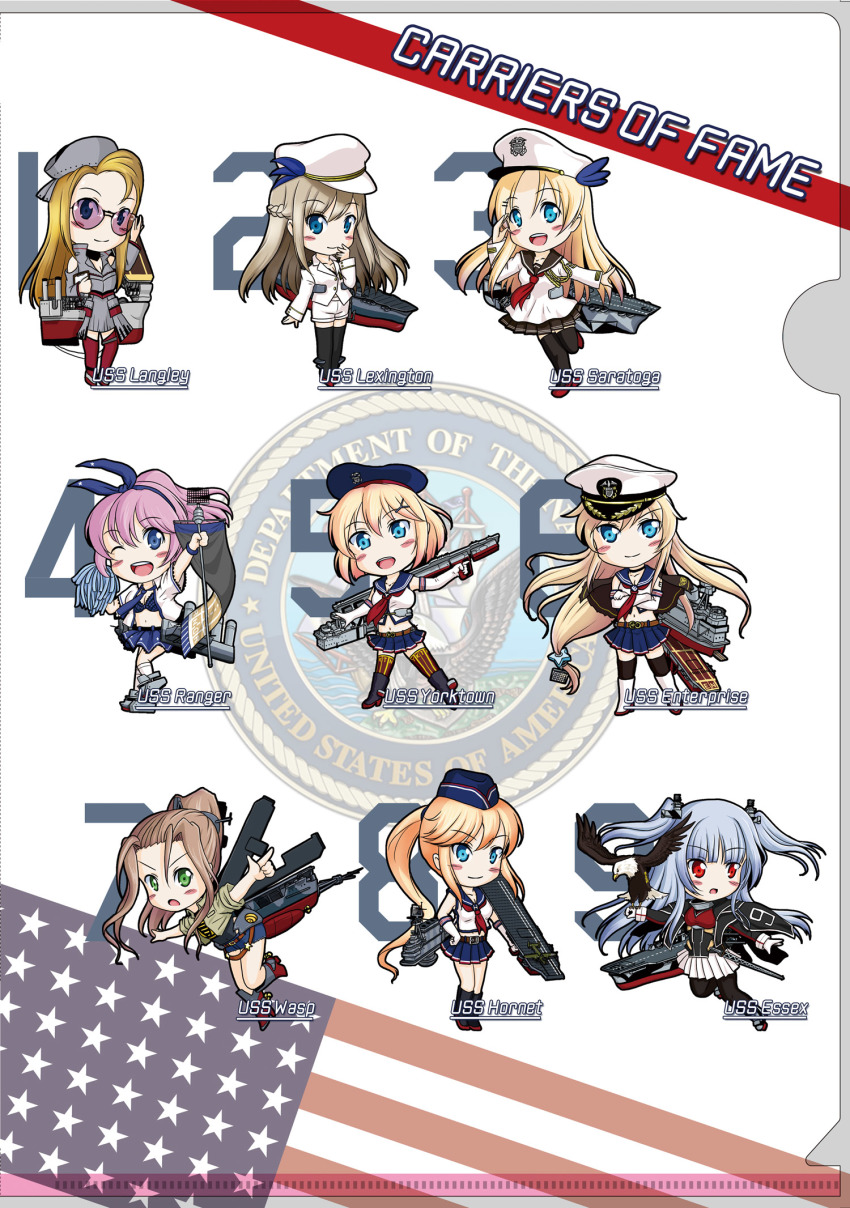 6+girls bald_eagle bell_mccamp_(warship_girls_r) bird blonde_hair blue_eyes braid brown_hair chibi eagle enterprise_(warship_girls_r) essex_(warship_girls_r) flight_deck french_braid glasses green_eyes hat highres hornet_(warship_girls_r) langley_(warship_girls_r) lexington_(warship_girls_r) long_hair military military_uniform multiple_girls pantyhose peaked_cap pink_hair ponytail ranger_(warship_girls_r) red_eyes rigging sakurato_tsuguhi saratoga_(warship_girls_r) short_hair silver_hair skirt thighhighs twintails warship_girls_r wasp_(warship_girls_r) yorktown_(warship_girls_r)