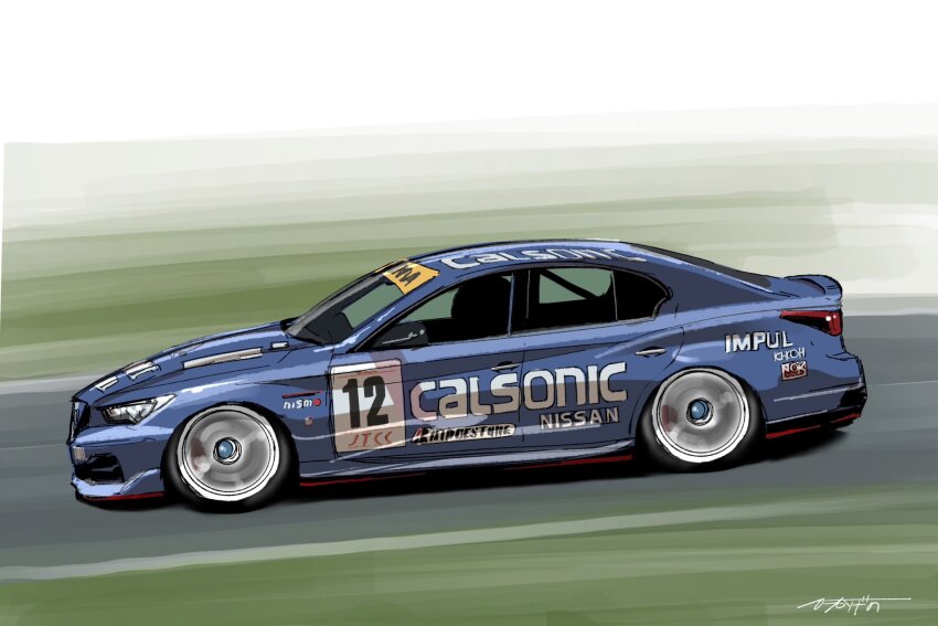 artist_name car from_side highres hikageno japanese_touring_car_championship motion_blur motor_vehicle nissan nissan_skyline nissan_skyline_v37 no_humans original race_vehicle racecar vehicle_focus