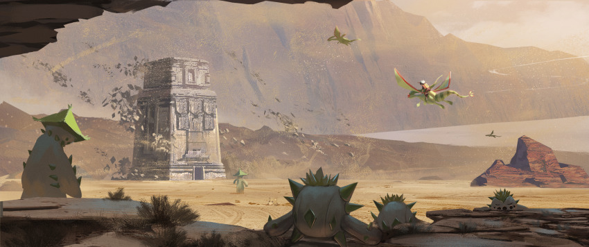 backpack bag blurry cacnea cacturne cloud cloudy_sky creatures_(company) depth_of_field desert fjsmu flygon flying game_freak gen_1_pokemon gen_3_pokemon highres mountain nintendo outdoors pokemon pokemon_(creature) riding riding_pokemon ruins sand sandshrew scenery sky wind