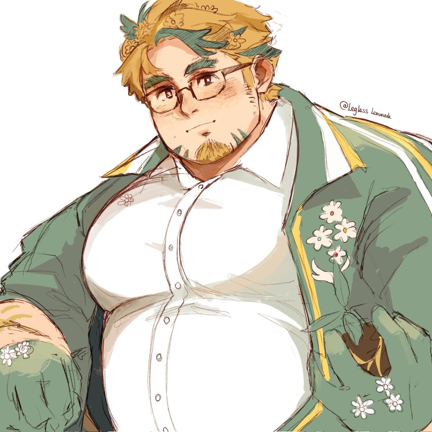 1boy bara blonde_hair brown_eyes closed_mouth collared_shirt commentary facial_hair flower forked_eyebrows glasses gloves goatee green_gloves green_hair hair_flower hair_ornament highres hippolytus_(housamo) jacket large_pectorals legless_lemonade male_focus multicolored_hair muscular muscular_male open_clothes open_jacket pectorals shirt short_hair sideburns simple_background solo thick_eyebrows tokyo_houkago_summoners twitter_username two-tone_hair upper_body white_background white_shirt