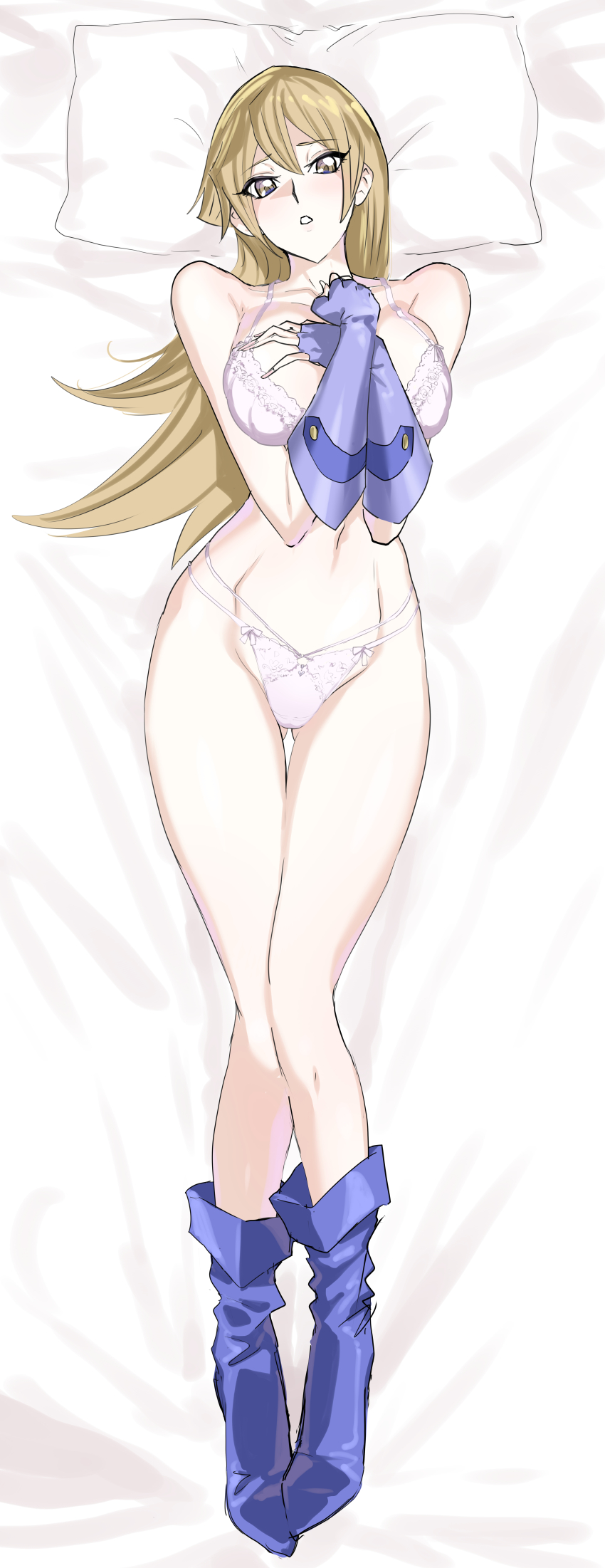 1girl absurdres bare_shoulders bed_sheet blue_footwear blue_gloves bra breasts brown_eyes commission dakimakura_(medium) fingerless_gloves full_body gloves groin hair_between_eyes highres incredibly_absurdres large_breasts long_hair lying mogi_yasunobu navel on_back panties pink_bra pink_panties pixiv_commission solo tenjouin_asuka thighs underwear yu-gi-oh! yu-gi-oh!_gx