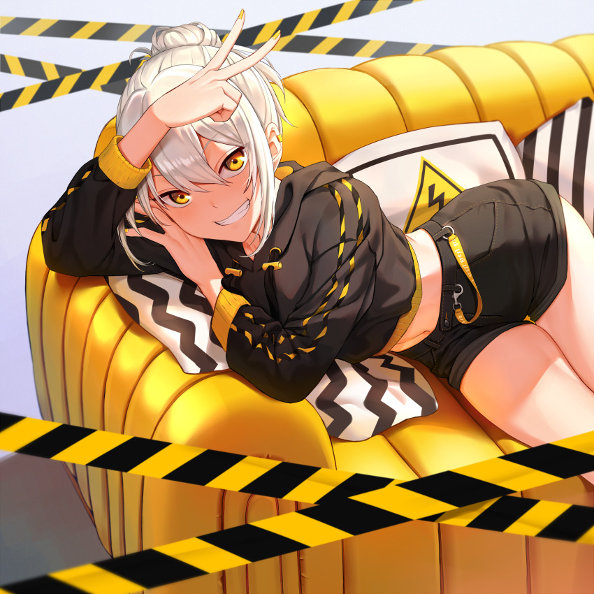 1girl absurdres arm_up black_hoodie black_shorts couch crop_top electricity grey_background grin hair_between_eyes hair_bun highres hood hood_down hoodie light long_sleeves looking_at_viewer lying medium_hair midriff nail_polish navel on_side open_mouth original pillow reiji-rj short_shorts shorts sidelocks simple_background single_hair_bun smile solo stomach striped_pillow thighs two-tone v white_hair yellow_eyes yellow_nails