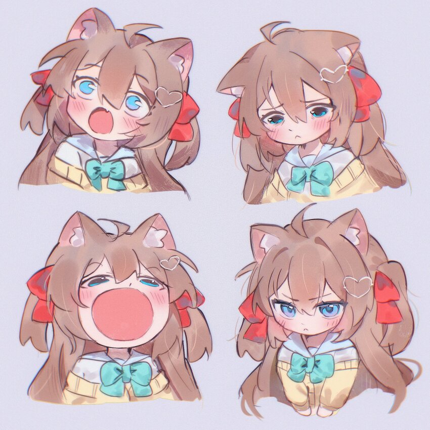 1girl ahoge animal_ear_fluff animal_ears aqua_bow aqua_bowtie aqua_eyes blush bow bowtie brown_hair grey_background hair_bow hair_ornament hashtag-only_commentary heart heart_hair_ornament highres indie_virtual_youtuber meme multiple_views neuro-sama pinkpink939 pop_cat_(meme) red_bow simple_background virtual_youtuber