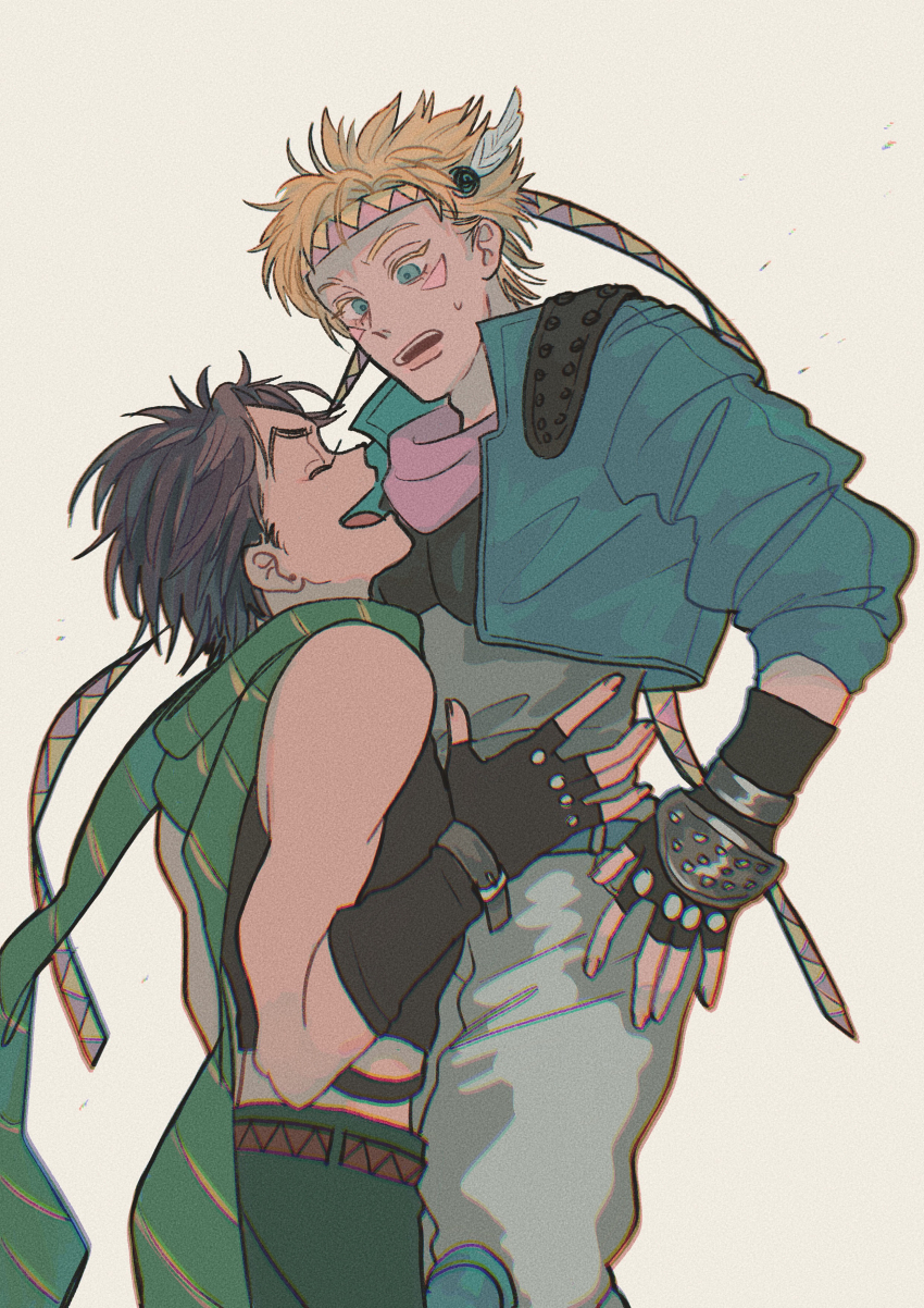 2boys :d absurdres aqua_jacket battle_tendency black_gloves blonde_hair brown_hair caesar_anthonio_zeppeli chromatic_aberration closed_eyes crop_top cropped_jacket facial_mark feather_hair_ornament feathers film_grain fingerless_gloves gloves green_eyes green_pants grey_pants grey_shirt hair_ornament hand_on_another&#039;s_waist headband highres jacket jojo_no_kimyou_na_bouken joseph_joestar looking_at_another male_focus multicolored_scarf multiple_boys open_mouth pants pink_scarf scarf shirt short_hair smile striped_clothes striped_scarf surprised sweatdrop t_0nd white_background yaoi