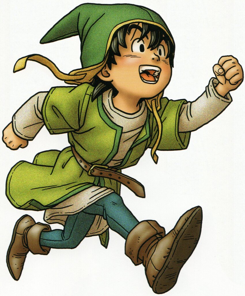 1boy absurdres aqua_leggings black_eyes black_hair brown_footwear clenched_hands dragon_quest dragon_quest_vii floating_clothes green_hat green_tunic hat hat_flaps hero_(dq7) highres long_sleeves looking_ahead male_focus medium_hair official_art open_mouth running scan solo third-party_source toriyama_akira tunic white_background
