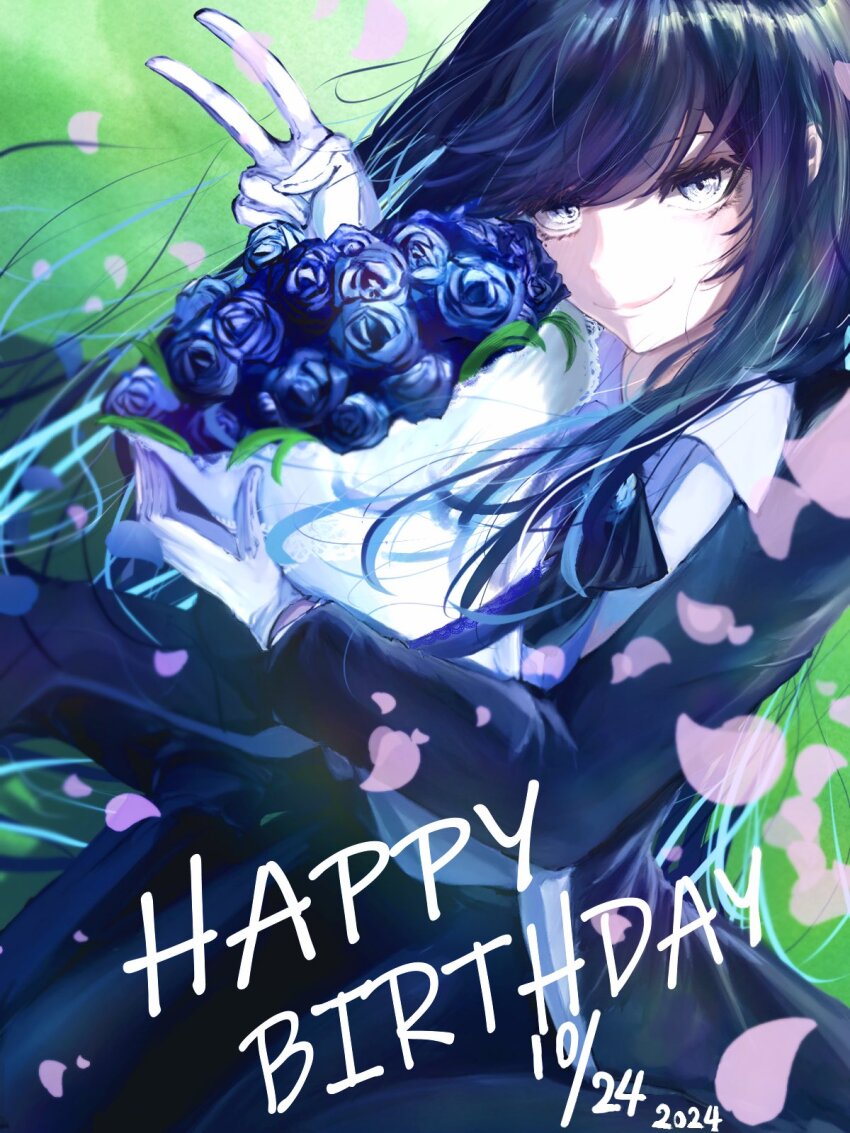 1girl ado_(utaite) black_bow black_bowtie black_hair black_pants blue_eyes blue_hair bouquet bow bowtie chando_(ado) closed_mouth dated falling_petals flower gloves happy_birthday highres holding holding_bouquet long_hair long_sleeves looking_at_viewer multicolored_hair pants petals shadow smile solo streaked_hair tanake_(tanakei_ado) utaite v white_gloves