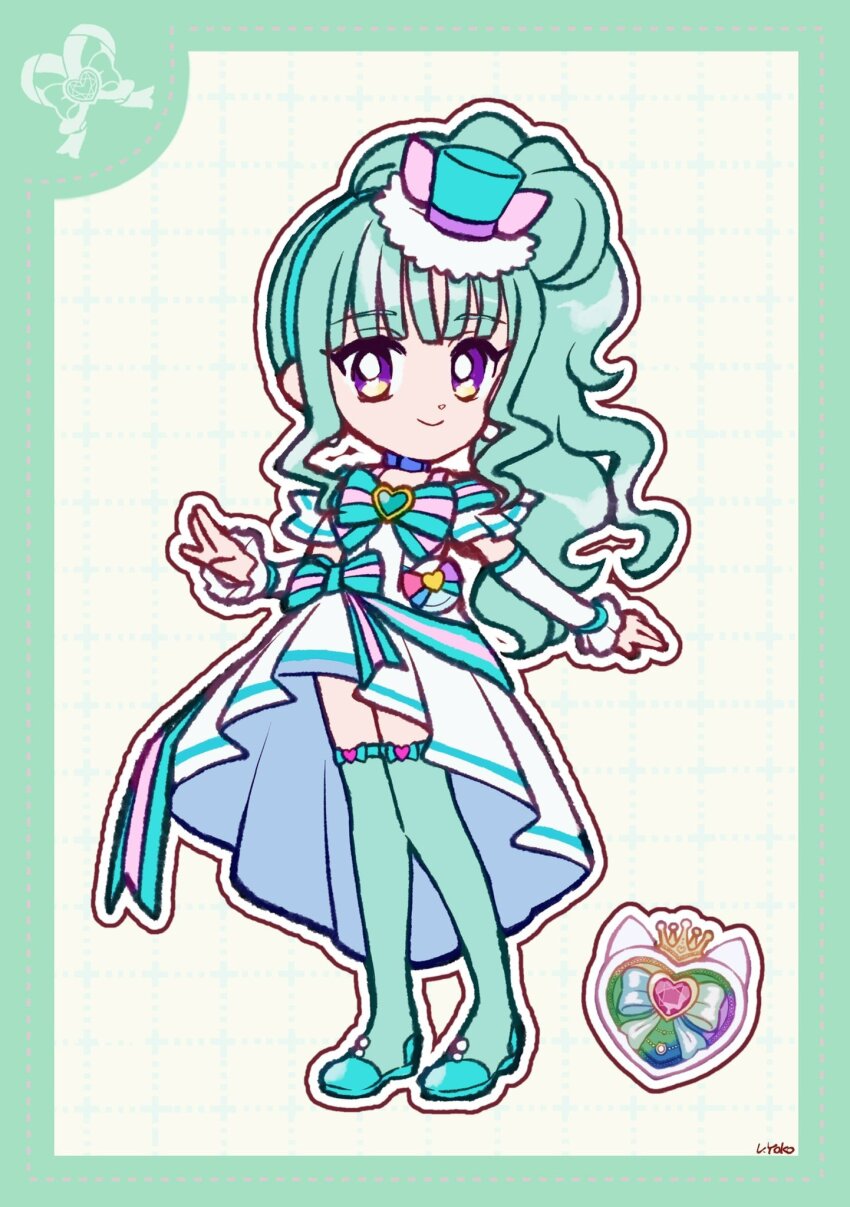 1girl aqua_hair aqua_thighhighs asymmetrical_dress bare_shoulders blue_bow blue_bowtie blue_brooch blue_choker blue_hat blue_shoes blunt_bangs border bow bow_choker bow_legwear bowtie bright_pupils brooch choker closed_mouth clothing_cutout cure_lillian deformed dot_nose dotted_line dress earrings eyelashes frilled_arm_warmers frilled_headwear full_body green_border grey_background grid_background happy hat hat_bow heart heart_brooch high_heels high_side_ponytail highres jewelry long_dress long_hair looking_at_viewer magical_girl mini_hat mini_top_hat nekoyashiki_mayu outline pink_bow pleated_dress pleated_sleeves precure pumps purple_eyes shoes short_sleeves shoulder_cutout single_stripe smile solo sphere_earrings standing strap striped_bow striped_bowtie striped_clothes thighhighs top_hat uwded_207 very_long_hair waist_bow wavy_hair white_arm_warmers white_dress white_outline white_pupils wonderful_precure!
