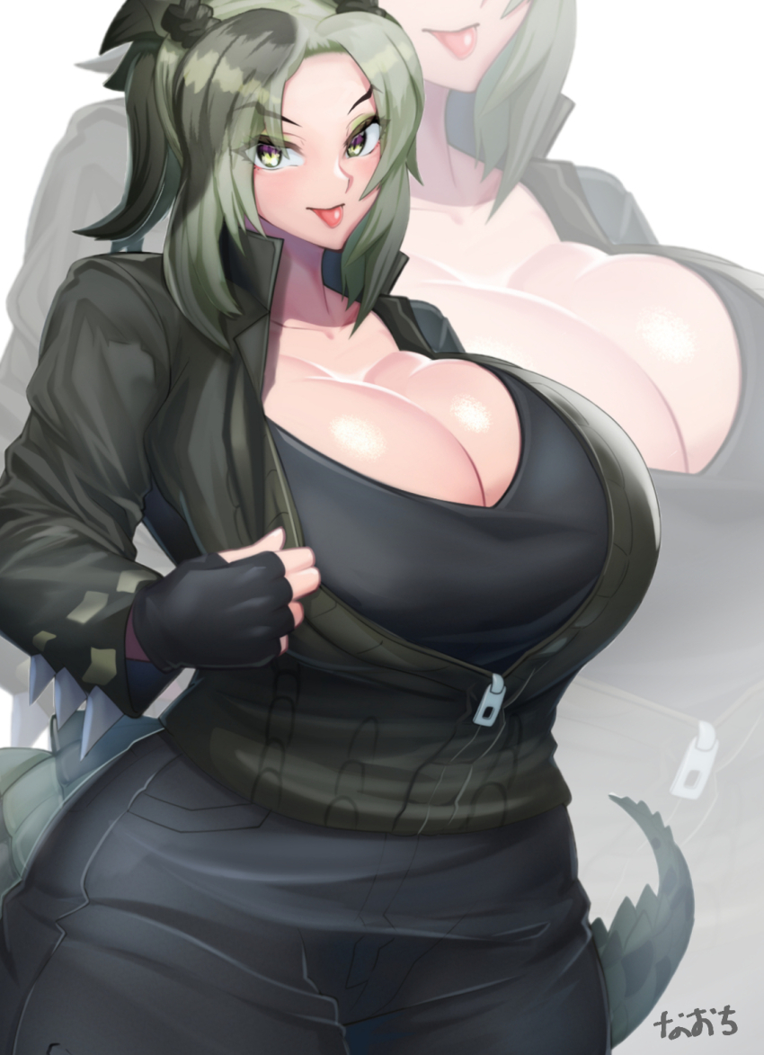 1girl :p alternate_breast_size black_gloves black_pants braid breasts cleavage collarbone collared_jacket cowboy_shot crocodilian_tail curvy eyelashes eyes_visible_through_hair eyeshadow fingerless_gloves gloves green_eyes green_jacket grey_hair high_collar high_ponytail highres huge_breasts jacket kemono_friends large_tail long_hair looking_at_viewer makeup multicolored_hair naochi_(bobi8081) pants partially_unzipped ponytail saltwater_crocodile_(kemono_friends) slit_pupils solo spiked_jacket spiked_sleeves spikes tail teasing tongue tongue_out wide_hips zipper zipper_pull_tab