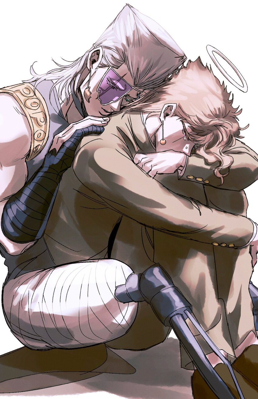 2boys amputee bandaged_leg bandages blue_eyes brown_hair c0ck_l4tt3 closed_eyes commentary commentary_request crying earrings eyepatch facial_mark gakuran grey_hair halo head_on_another&#039;s_shoulder highres jean_pierre_polnareff jewelry jojo_no_kimyou_na_bouken kakyoin_noriaki male_focus multiple_boys muscular prosthesis prosthetic_finger prosthetic_leg purple_eyes scar scar_across_eye scar_on_face school_uniform shirt sitting sleeveless sleeveless_shirt stardust_crusaders vento_aureo white_background yaoi