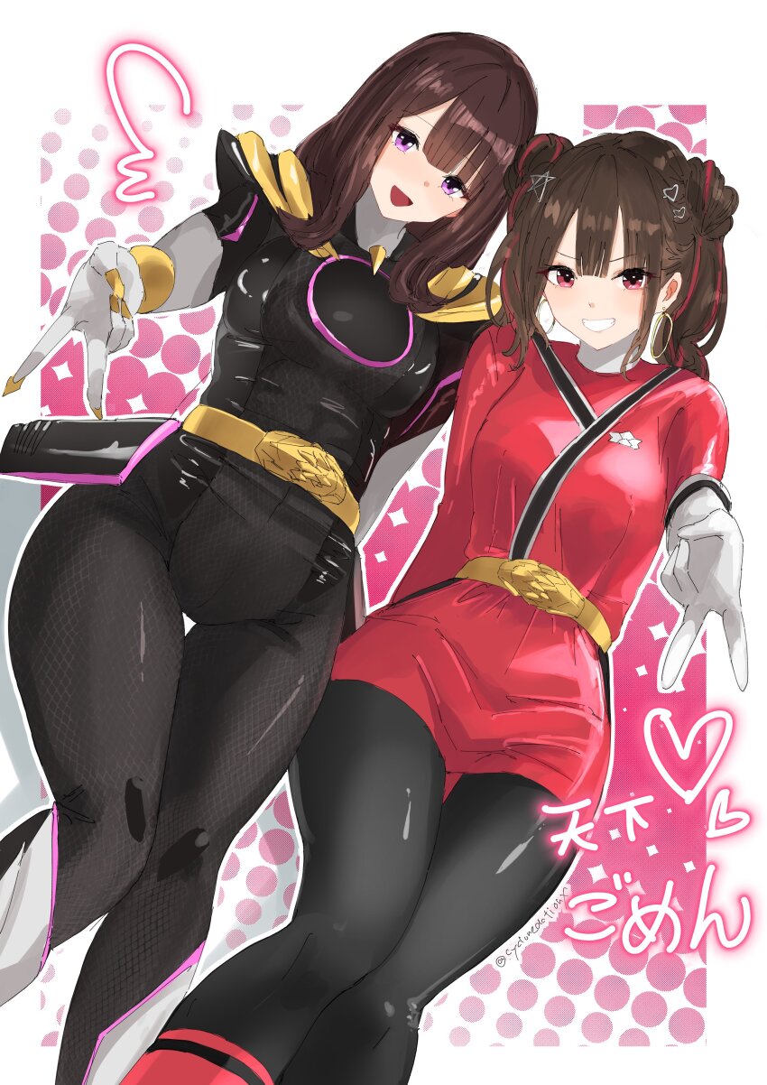 absurdres black_bow bodysuit bow breasts brown_hair cycloneactionx double_bun earrings fillipatch gozyuunicorn hair_bun highres hoop_earrings ichikawa_oto ichikawa_sumino jewelry long_hair medium_breasts multicolored_hair no.1_sentai_gozyuger purple_eyes red_bodysuit red_eyes red_hair samurai_sentai_shinkenger shinken_red siblings sisters streaked_hair super_sentai tokusatsu two-tone_hair v