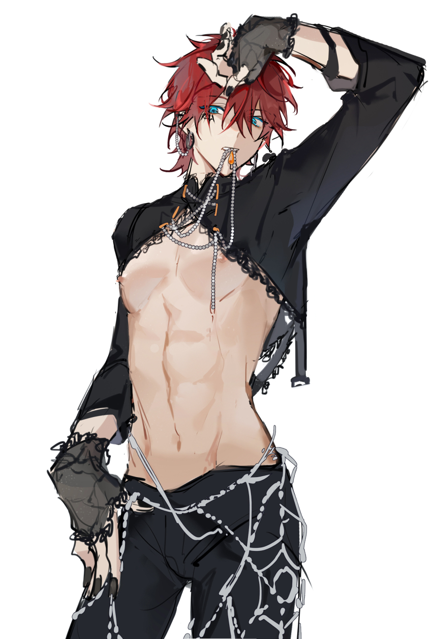 1boy abs absurdres amagi_rinne bare_pectorals bead_necklace beads bear_earrings black_gloves black_nails black_pants black_shirt black_shrug black_sleeves blue_eyes bulge chinese_commentary clenched_teeth commentary_request cowboy_shot earrings ensemble_stars! eyelashes frilled_gloves frills gloves hair_between_eyes hand_on_own_head hand_on_own_hip highres jewelry lace lace-trimmed_shirt lace_trim long_sleeves male_focus migan mouth_hold nail_polish navel necklace nipples pants pectorals red_hair see-through_clothes see-through_gloves shirt short_hair shrug_(clothing) simple_background solo teeth white_background