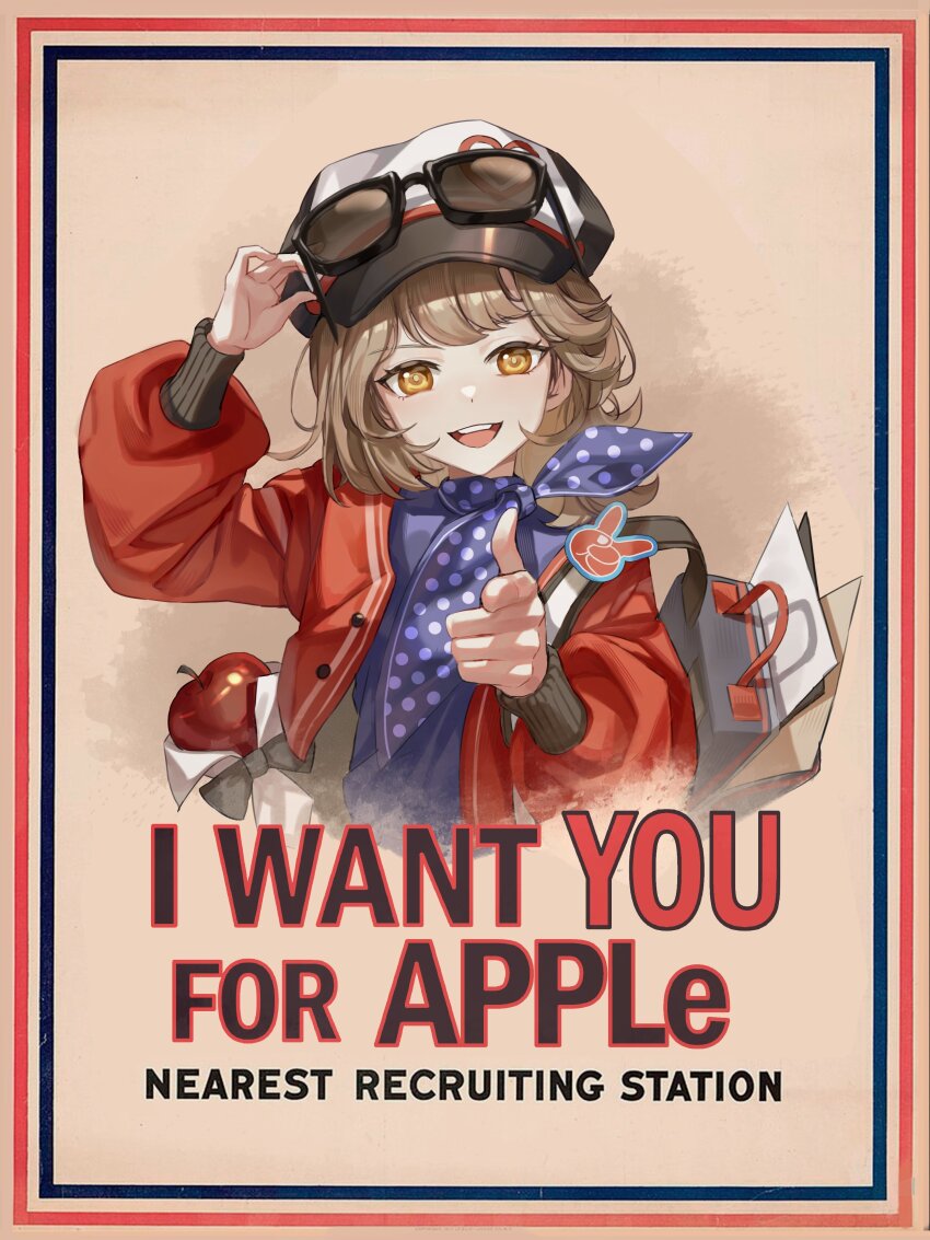 1girl :d absurdres adjusting_eyewear apple apple_(reverse:1999) backpack bag black_bow black_bowtie blue_dress blue_neckerchief bow bowtie brown_background brown_hair cropped_torso dress english_text eyewear_on_headwear food fruit hand_on_eyewear hand_up hat highres i_want_you inset_border jacket long_sleeves neckerchief newsboy_cap open_bag open_clothes open_jacket open_mouth orange_eyes pointing pointing_at_viewer polka_dot_neckerchief poster_parody puffy_long_sleeves puffy_sleeves record_jacket red_jacket regulus_(reverse:1999) reverse:1999 short_hair smile solo sunglasses teeth traditional_bowtie upper_body upper_teeth_only wamel_(didwatermelon41)